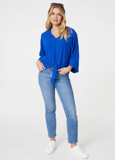 Izabel London Blue Knot Front Relaxed 3/4 Sleeve Blouse