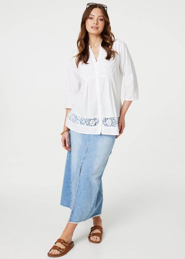 Izabel London White Lace Detail Collarless Button Down Shirt