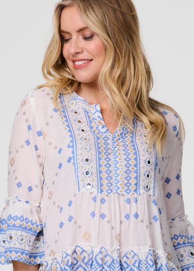 Izabel London White Geo Print Embroidered Smock Top