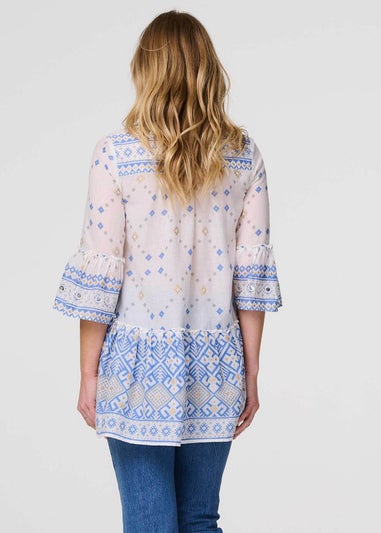 Izabel London White Geo Print Embroidered Smock Top