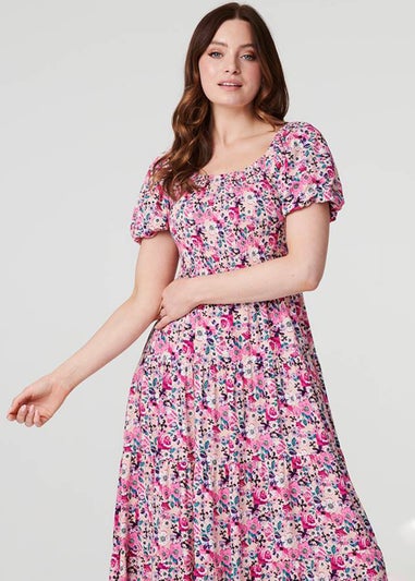 Izabel London Pink Floral Puff Sleeve Smock Midi Dress