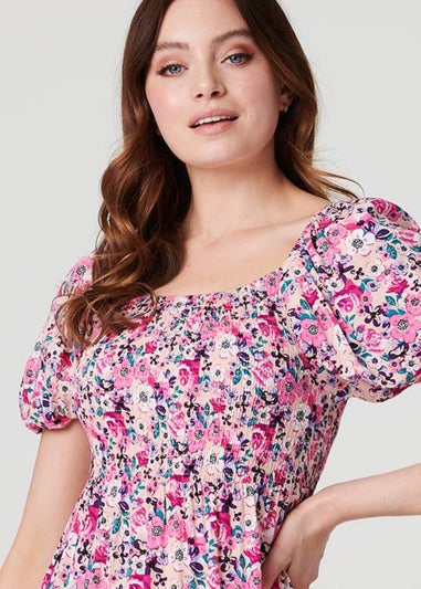 Izabel London Pink Floral Puff Sleeve Smock Midi Dress