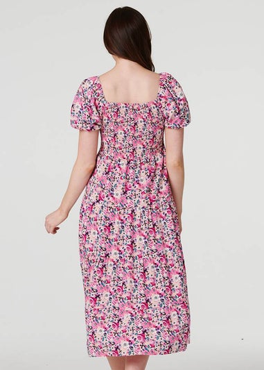 Izabel London Pink Floral Puff Sleeve Smock Midi Dress