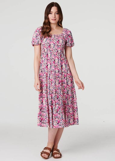 Izabel London Pink Floral Puff Sleeve Smock Midi Dress