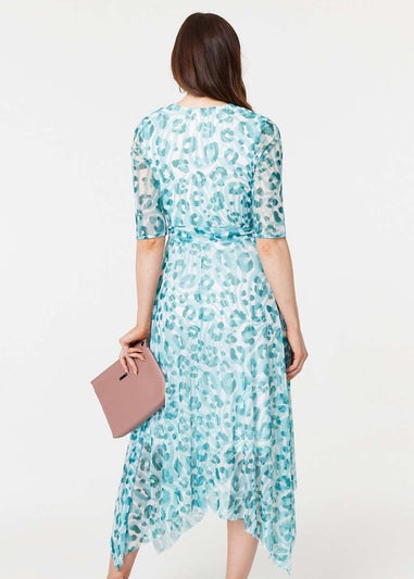 Izabel London Teal Animal Print Sheer Tie Waist Midi Dress