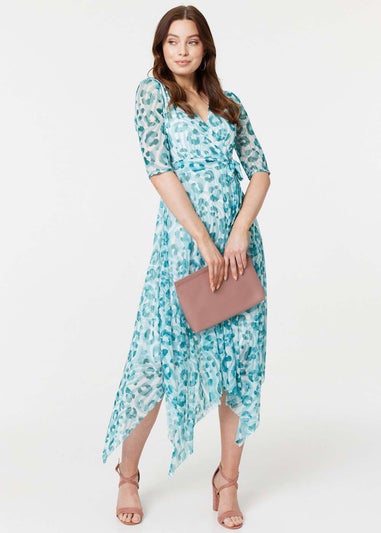 Izabel London Teal Animal Print Sheer Tie Waist Midi Dress