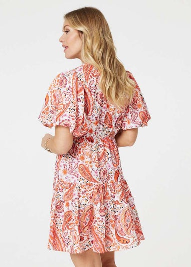 Izabel London Orange Paisley Short Puff Sleeve Mini Dress