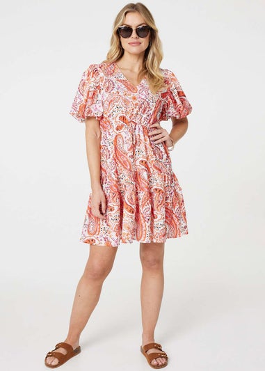 Izabel London Orange Paisley Short Puff Sleeve Mini Dress