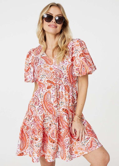 Izabel London Orange Paisley Short Puff Sleeve Mini Dress