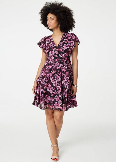 Izabel London Pink Floral Tie-Waist Ruffled Mini Dress