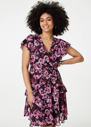 Izabel London Pink Floral Tie-Waist Ruffled Mini Dress