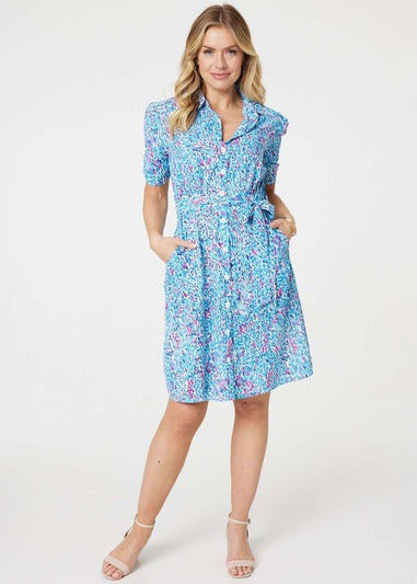 Izabel London Blue Printed Tie Waist Short Shirt Dress