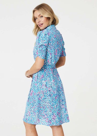 Izabel London Blue Printed Tie Waist Short Shirt Dress