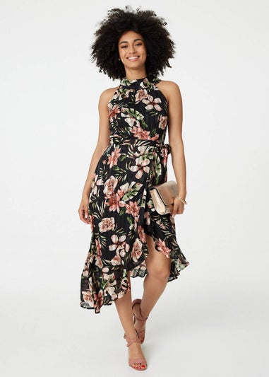 Izabel London Black Floral Asymmetric Halter Neck Midi Dress