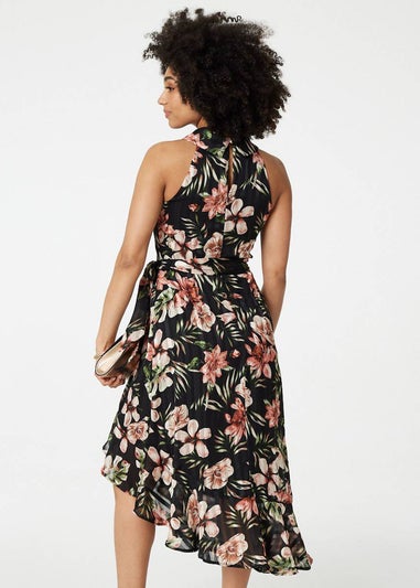 Izabel London Black Floral Asymmetric Halter Neck Midi Dress