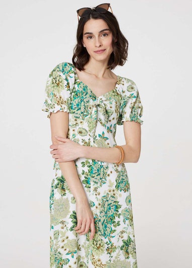 Izabel London Green Floral Tie-Front Short Sleeve Midi Dress