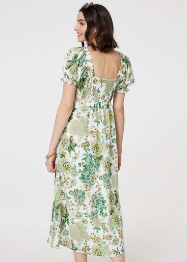 Izabel London Green Floral Tie-Front Short Sleeve Midi Dress