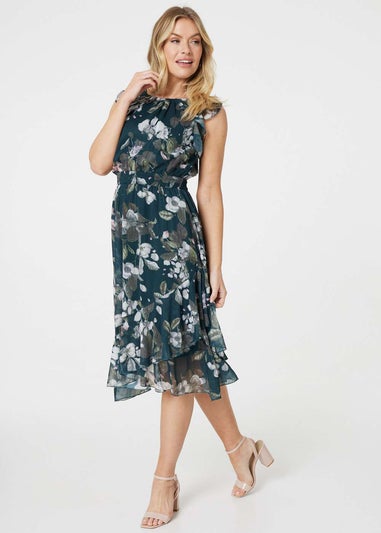 Izabel London Green Floral Frill Shirred Midi Dress