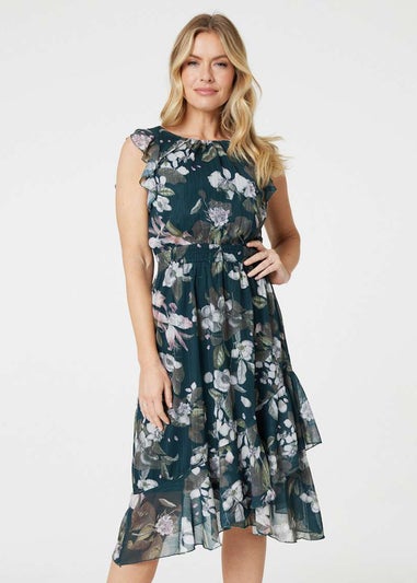 Izabel London Green Floral Frill Shirred Midi Dress