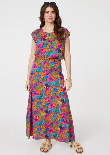 Izabel London Pink Floral Print Belted A-Line Maxi Skirt