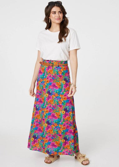 Izabel London Pink Floral Print Belted A-Line Maxi Skirt