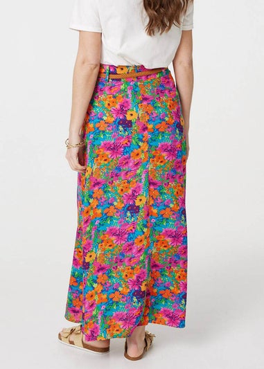 Izabel London Pink Floral Print Belted A-Line Maxi Skirt