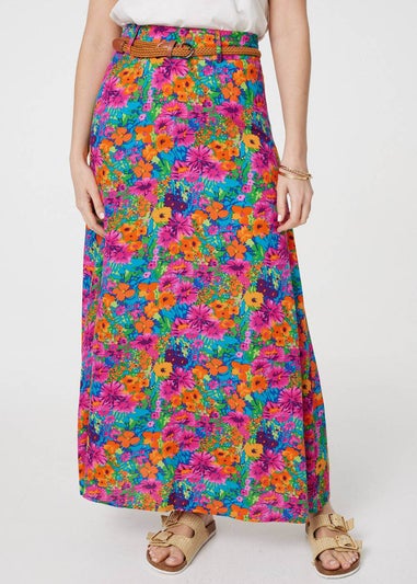 Izabel London Pink Floral Print Belted A-Line Maxi Skirt