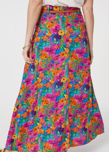 Izabel London Pink Floral Print Belted A-Line Maxi Skirt