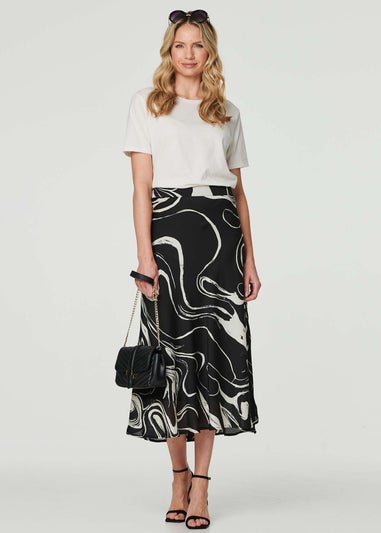 Izabel London Black Printed High Waist A-Line Midi Skirt