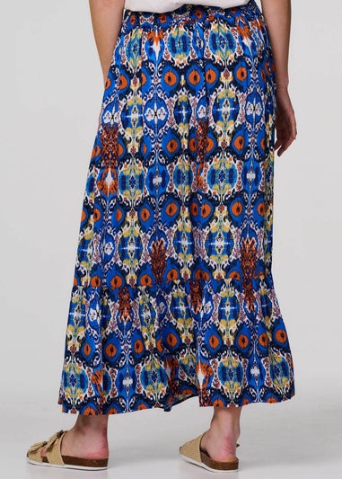 Izabel London Blue Printed Shirred High Waist Maxi Skirt