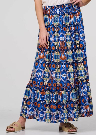 Izabel London Blue Printed Shirred High Waist Maxi Skirt