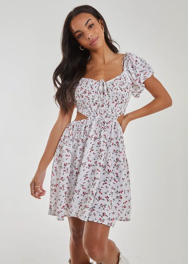 Pink Vanilla Ivory Floral Puff Sleeve Cut Out Dress