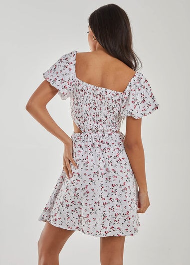 Pink Vanilla Ivory Floral Puff Sleeve Cut Out Dress