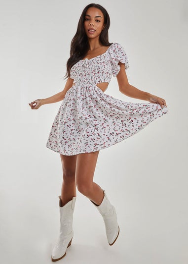 Pink Vanilla Ivory Floral Puff Sleeve Cut Out Dress