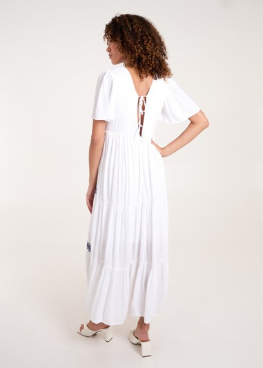 Blue Vanilla White Embroidered Tiered Maxi Dress