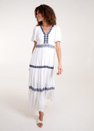 Blue Vanilla White Embroidered Tiered Maxi Dress