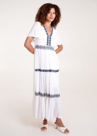 Blue Vanilla White Embroidered Tiered Maxi Dress