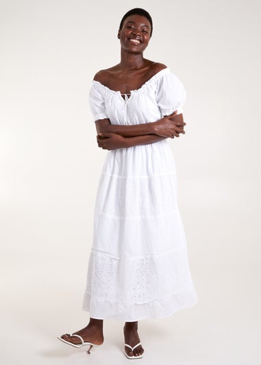 Blue Vanilla White Milkmaid Broderie Tiered Maxi Dress