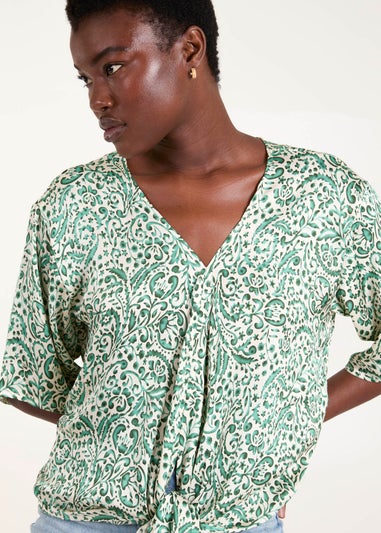 Blue Vanilla Green Tie Front V Neck Top