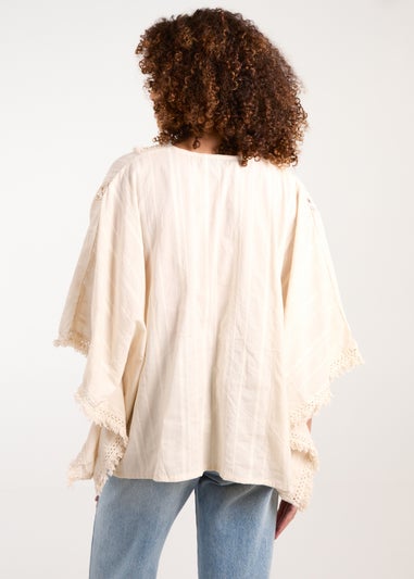 Blue Vanilla Stone V Front Crochet Fringe Kimono Top