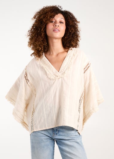 Blue Vanilla Stone V Front Crochet Fringe Kimono Top