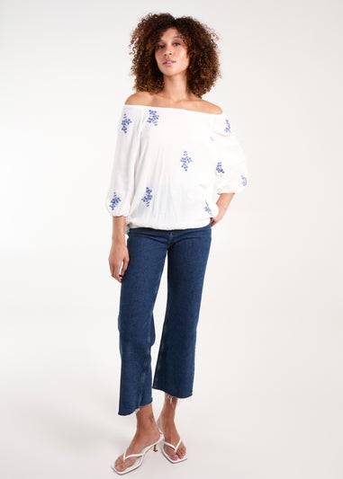 Blue Vanilla White Embroidered Puffball Top