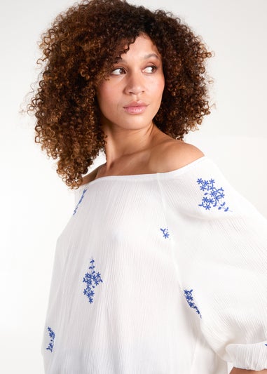 Blue Vanilla White Embroidered Puffball Top