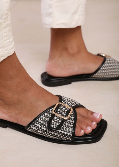 Where's That From Vermont Black Pu Front Buckle Raffia Sliders