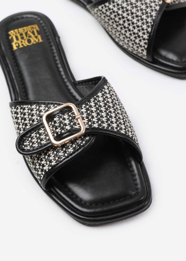 Where's That From Vermont Black Pu Front Buckle Raffia Sliders