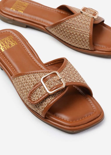 Where's That From Vermont Tan Pu Front Buckle Raffia Sliders