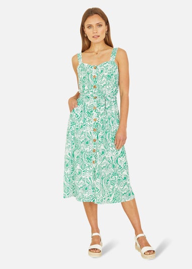 Yumi Paisley leaf Print Midi Sundress  In Green