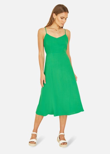 Yumi Green Viscose Tie Back Midi Sun Dress