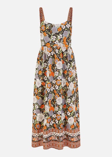 Yumi Multicolour Retro Floral Print Midi Sun Dress With Border Hem