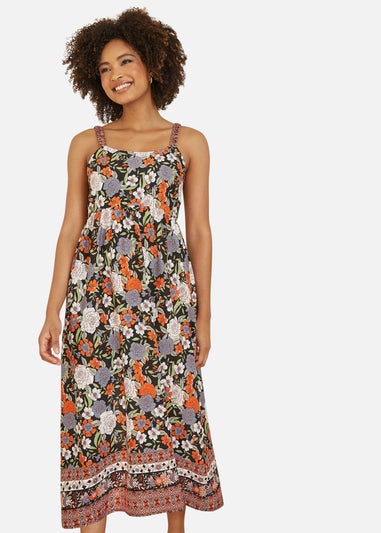 Yumi Multicolour Retro Floral Print Midi Sun Dress With Border Hem